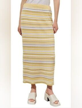 Ming Wang Yellow and White Striped Knit Midi Pencil Skirt. Sz. S